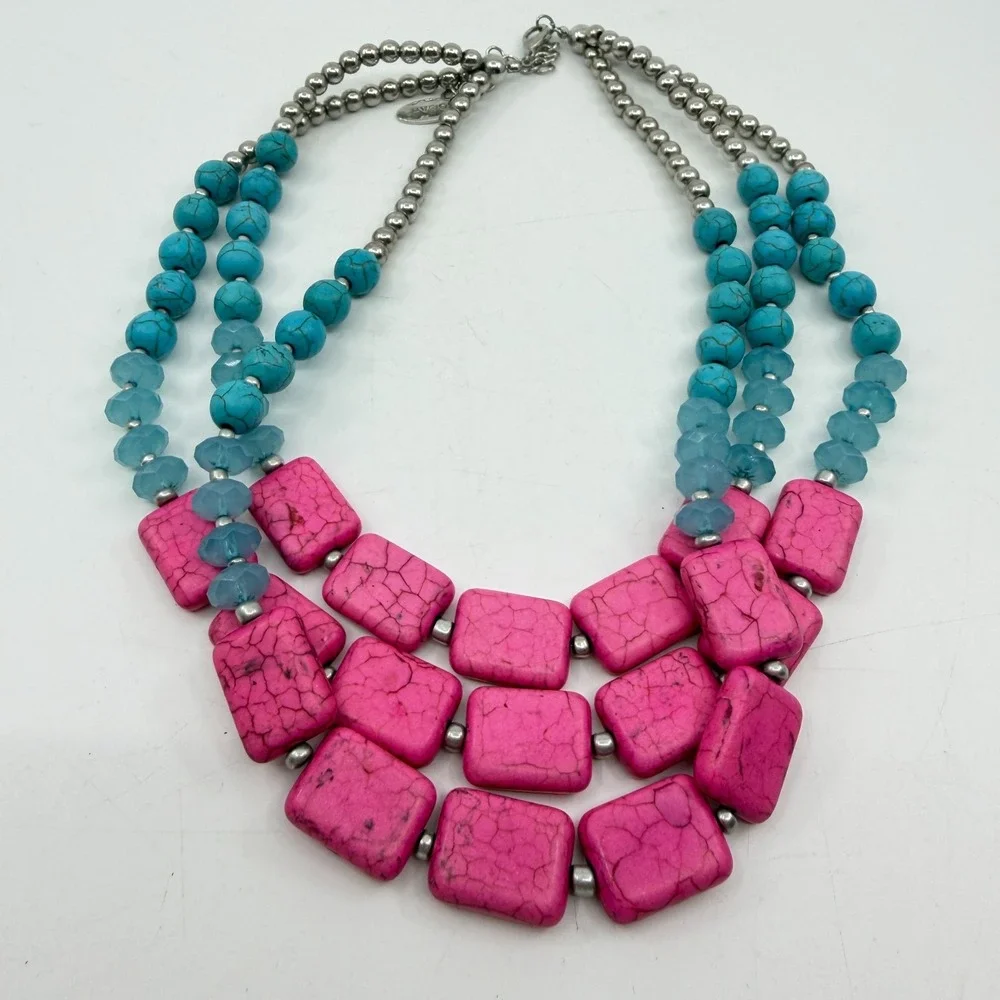 Hot Pink Turquoise Blue Bead Triple Strand Necklace Chunky Boho Statement Gift